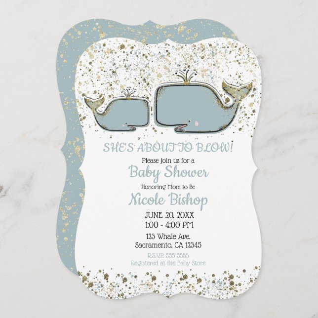 Two Sea Whales Blue & Gold Boutique Baby Shower Invitation (Front/Back)