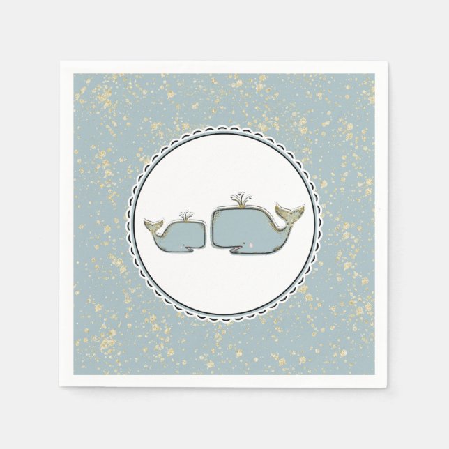 Two Sea Whales Blue & Gold Boutique Baby Shower Napkin (Front)