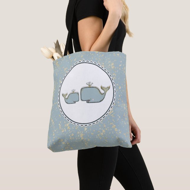 Two Sea Whales Blue & Gold Boutique Tote Bag (Close Up)