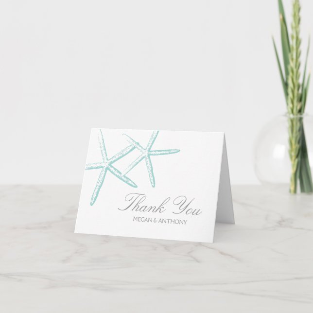 Two Seafoam Green Starfish Wedding Thank You Card (Front)