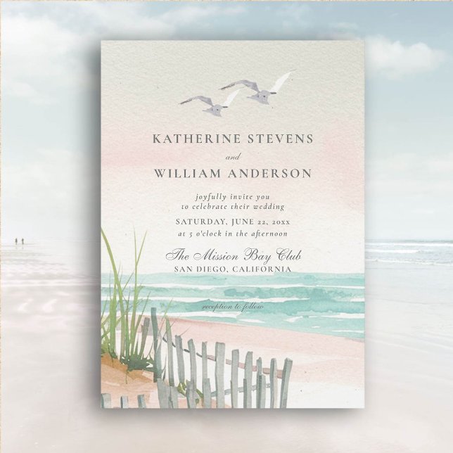 Two Seagulls Ocean Beach Fence Art Elegant Wedding Invitation (beach wedding invitation dreamy watercolor ocean fence seagulls formal modern classic)