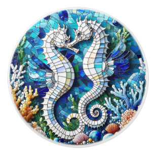 Two Seahorses and Coral Mosaic Tile  Ceramic Knob