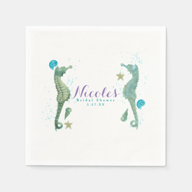 Two Seahorses Watercolor Beach Wedding Engagement Napkin (Front)