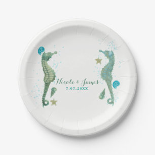 Two Seahorses Watercolor Beach Wedding Engagement Paper Plate