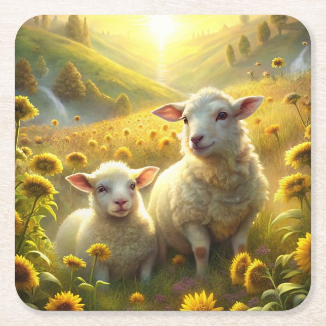 Two Sheep Square Paper Coaster (Front)