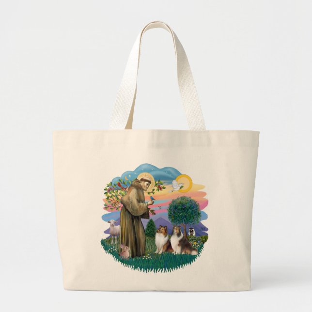 Two Shelties - St. Francis (ff) Large Tote Bag (Front)