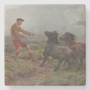 Two Shetland Ponies in a Misty Highland Landscape Stone Coaster