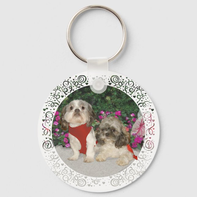 Two Shih Tzus in a Garden Key Ring (Front)