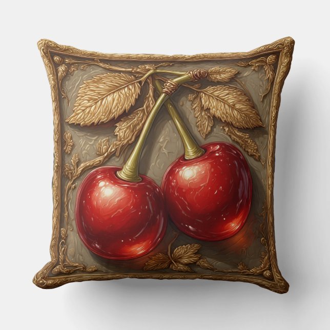 Two Shiny Red Cherries with Golden Leaves Cushion (Front)