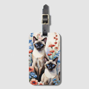 Two siamese cats and flowers luggage tag