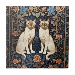 Two Siamese Cats William Morris Inspired  Tile
