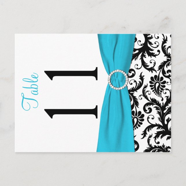 Two-sided Aqua, Black, White Damask Table Number Postcard (Front)