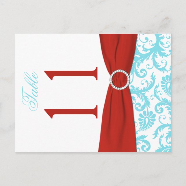 Two-sided Aqua, Red, White Damask Table Number Postcard (Front)