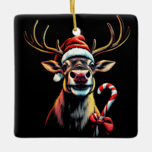 Two Sided Christmas Reindeer Ceramic Ornament
