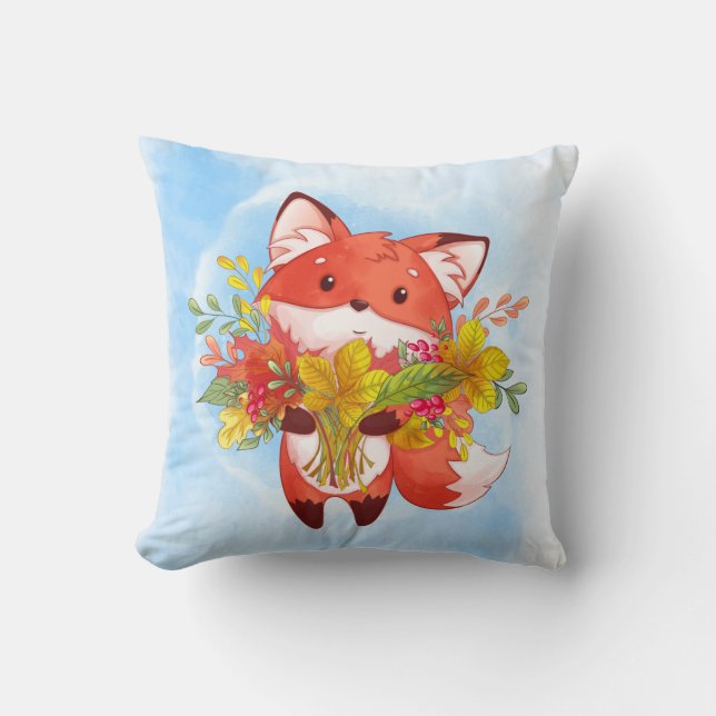 Two-sided Cute Red Fox with Fall Leaves, Umbrella Cushion (Front)