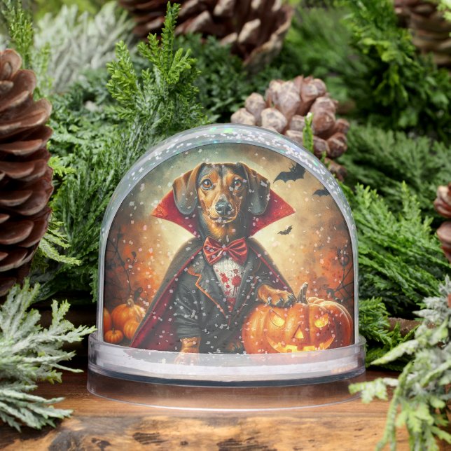 Two Sided Dachshund Vampire Snow Globe (Winter)