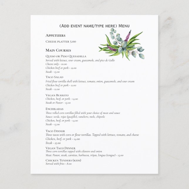 Two sided Eucalyptus Menu Template Budget (Front)
