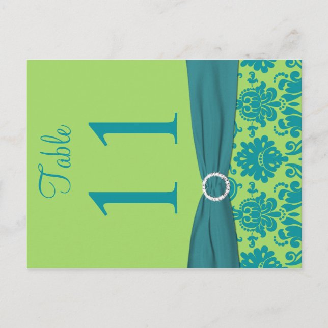 Two Sided Green and Turquoise Damask Table Number Postcard (Front)