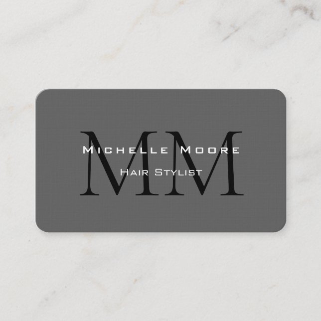 Two Sided Monogrammed Black Grey Calligraphy Linen Business Card (Front)