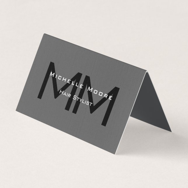 Two Sided Monogrammed Black Grey Euro Size Linen Business Card (Front)