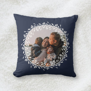 Two Sided Navy Blue Floral Wreath Family Photo Cushion