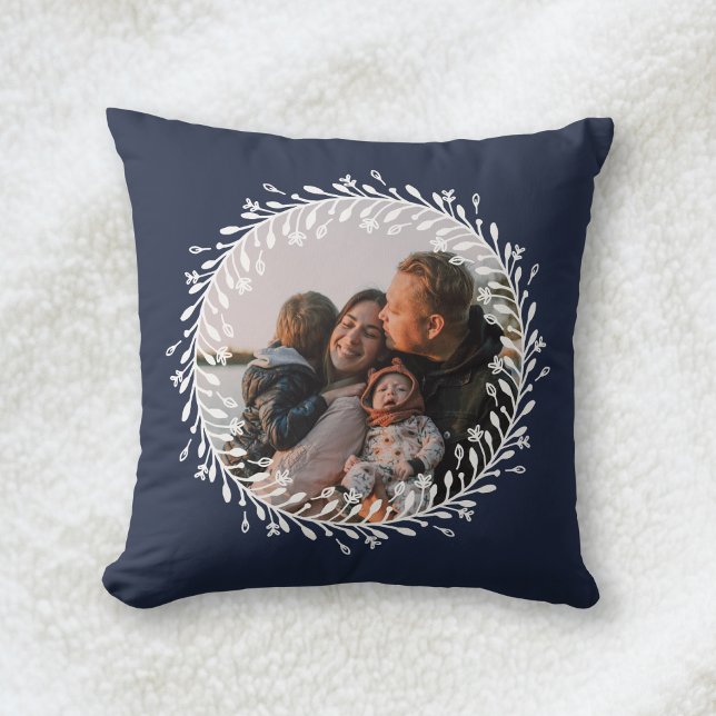 Two Sided Navy Blue Floral Wreath Family Photo Cushion (Creator Uploaded)