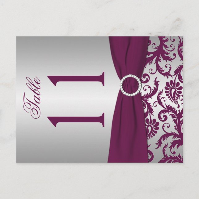 Two-sided Plum and Silver Damask Table Number Postcard (Front)