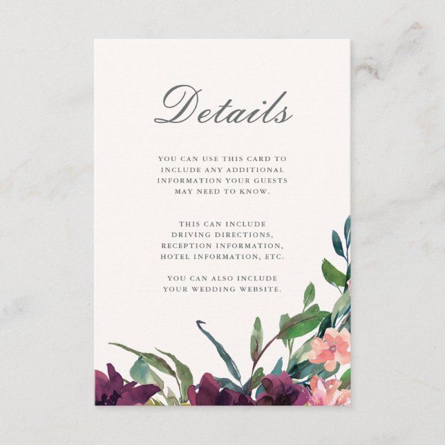 Two Sided Plum Floral on Blush Wedding Details Enclosure Card (Front)