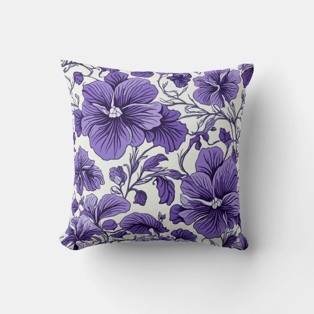 Two sided Purple Violet Flowers Botanical Floral Cushion (Front)