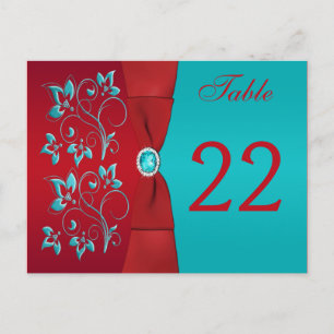 Two-sided Red, Turquoise Floral Table Number Card