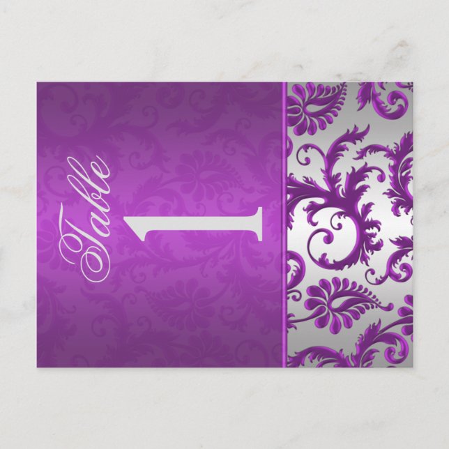 Two Sided Silver and Purple Damask II Table Number Postcard (Front)