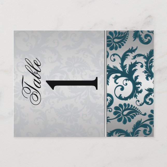 Two Sided Silver and Teal Damask II Table Number Postcard (Front)