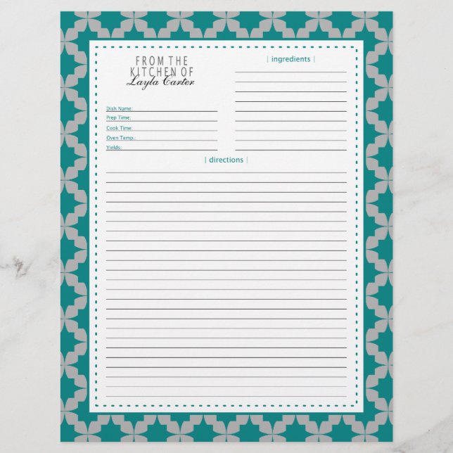 Two-Sided Teal Retro Star Recipe Page (Front)