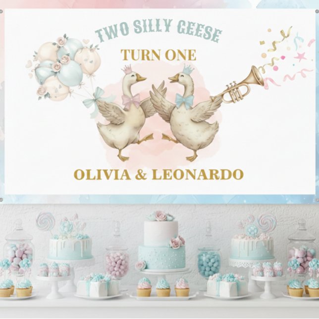 Two Silly Geese Boy & Girl Twins Birthday Banner (Creator Uploaded)