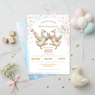 Two Silly Geese Boy & Girl Twins Birthday Invitation