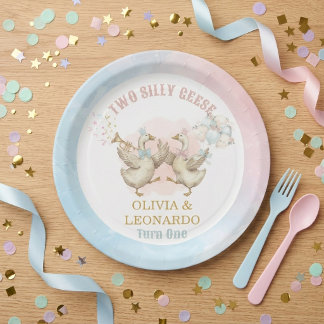Two Silly Geese Boy & Girl Twins Birthday Paper Plate