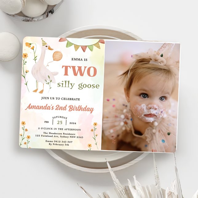 Two Silly Goose 2nd Birthday Birthday Photo  Invitation (Creator Uploaded)