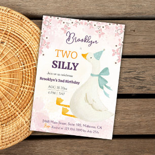 Two silly goose 2nd birthday cute floral pink invitation