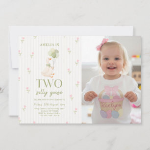 Two Silly Goose Balloons Floral 2nd Birthday Photo Invitation