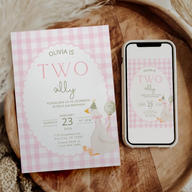Two Silly Goose Birthday Invite Pink Gingham (Creator Uploaded)