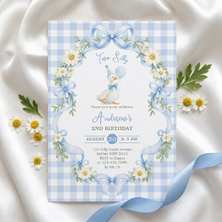 Two Silly Goose Blue Bow Birthday Invitation