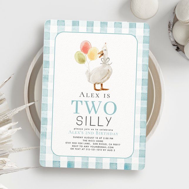 Two Silly Goose Blue Gingham Boy 2nd Birthday Invitation (Creator Uploaded)