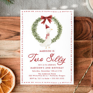 Two Silly Goose Christmas Red Bow 2nd Birthday Invitation