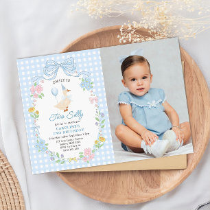 Two Silly Goose Floral Bow 2nd Birthday Photo Invitation