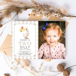 Two Silly Goose Greige Gingham 2nd Birthday Invitation