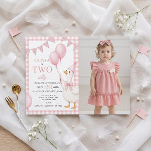 Two Silly Pink Gingham Girl Birthday Invitation