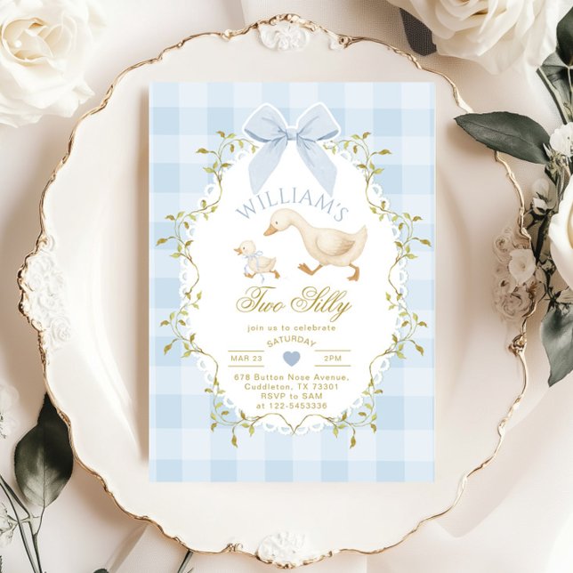 Two Silly Whimsical Blue Gingham Boy 2nd Birthday Invitation (Creator Uploaded)