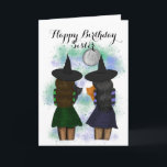 Two Sister Witches With Cats Birthday Card<br><div class="desc">Two witches carrying two cats on a silver full moon illustration birthday card. Cute birthday card for sisters, friends, or sisters-in-law who have birthdays in October. The illustration features one witch in a purple outfit and the other one in a green outfit. There is magic all around. Express your feelings...</div>