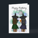 Two Sister Witches With Cats Birthday Card<br><div class="desc">Two witches carrying two cats on a silver full moon illustration birthday card. Cute birthday card for sisters, friends, or sisters-in-law who have birthdays in October. The illustration features one witch in a purple outfit and the other one in a green outfit. There is magic all around. Express your feelings...</div>