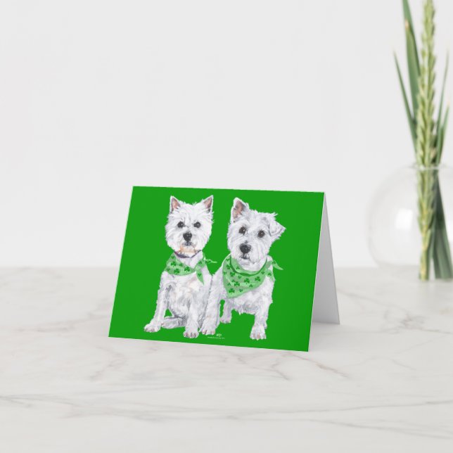 Two Sitting Westies on St Patricks Day Card (Front)